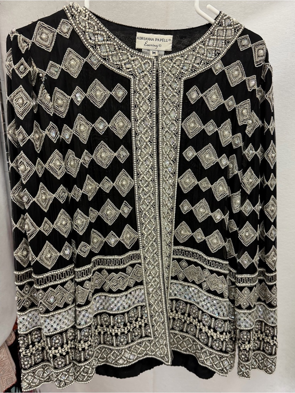 Adrianna Papell Black silver silk Beaded Embellished Evening Jacket medium